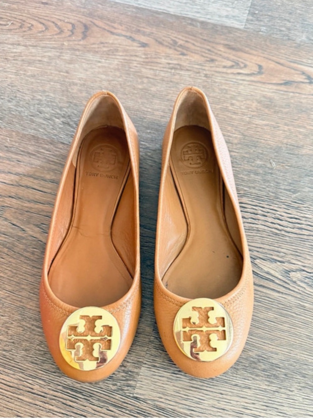 Tory Burch Camel Leather Ballet Flats with Gold Logo Plaque